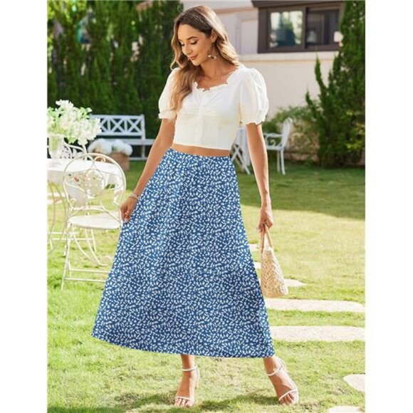 Women's Midi Summer 2025 Boho Elastic High Waist A-Line Flowy Swing Asymmetric - Picture 3 of 7